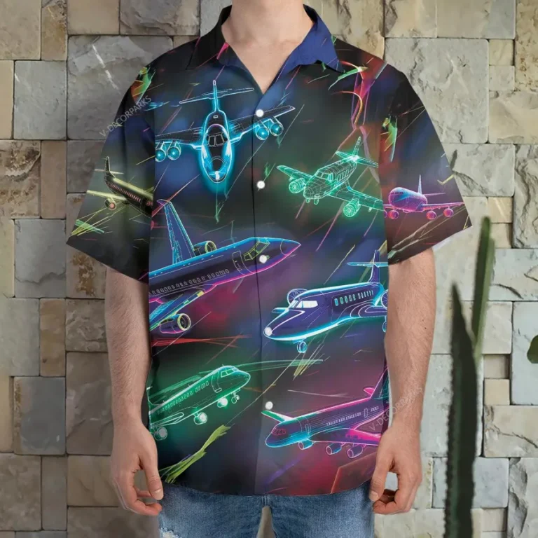 Neon Airplane Hawaiian Shirt For Men, Colorful Plane Summer Beach Shirt, Neon Button Down Shirt Short Sleeve, Aircraft Hawaiian Style Shirts