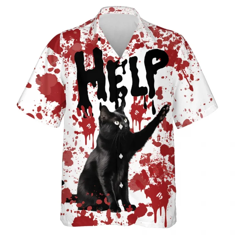Halloween Black Cat Hawaiian Shirt, Black Cat Blood Hawaiian Shirts, Horror Black Cat Halloween Beach Shirts, Cat Lover Button Down Short Sleeve Shirt