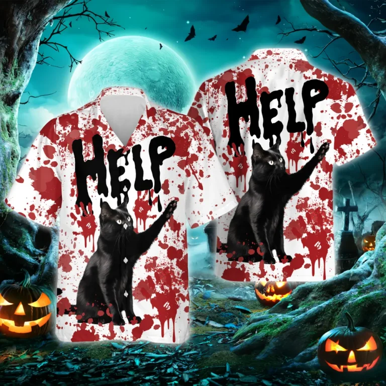 Halloween Black Cat Hawaiian Shirt, Black Cat Blood Hawaiian Shirts, Horror Black Cat Halloween Beach Shirts, Cat Lover Button Down Short Sleeve Shirt