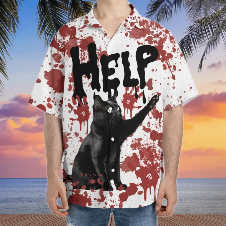 Halloween Black Cat Hawaiian Shirt, Black Cat Blood Hawaiian Shirts, Horror Black Cat Halloween Beach Shirts, Cat Lover Button Down Short Sleeve Shirt
