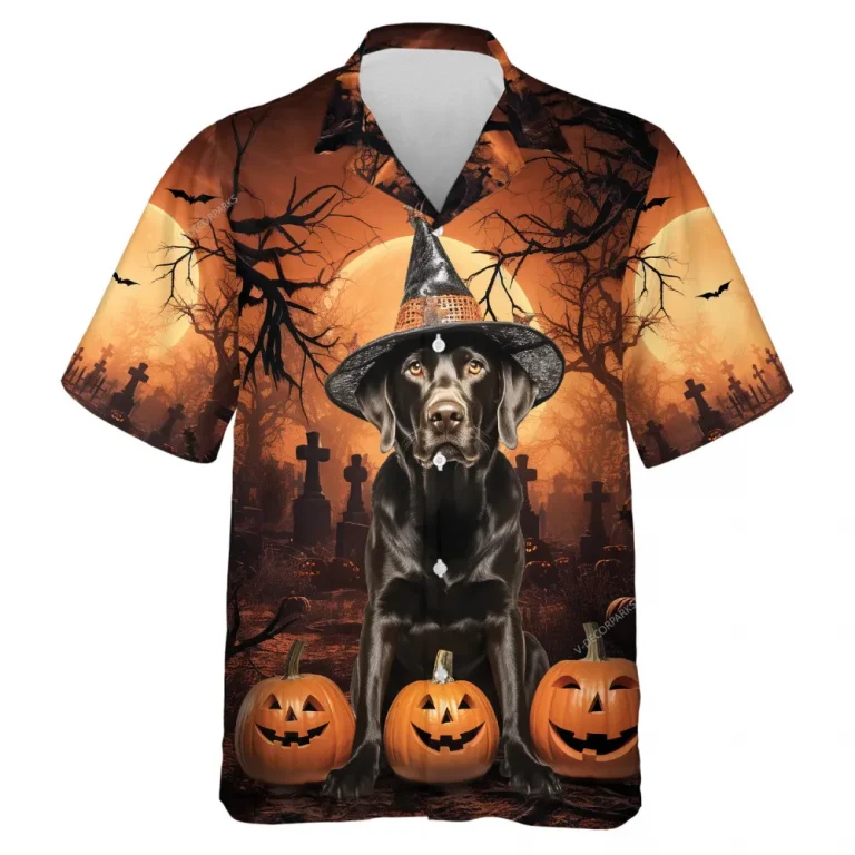 Halloween Labrador Hawaiian Shirt, Dog Hawaiian Shirt, Halloween Horror Movie Aloha Shirt, Halloween Dog Button Down Mens Hawaiian Shirts Short Sleeve