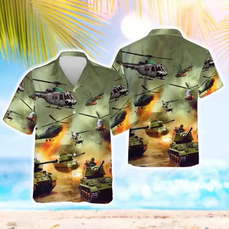 Helicopter And Tank Fighting Hawaiian Shirt For Men, Military Button Down Shirt, Army Aloha Mens Shirts Short Sleeve, Summer Beach Shirt