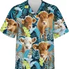 Baby Feather Highland Cattle Tropical Pattern Hawaiian Shirts, Baby Cow Button Down Hawaiian Shirts, Tropical Beach Shirt, Summer Aloha Shirt