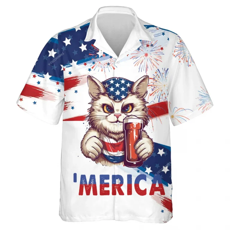 Merica Cat Hawaiian Shirts, American Flag Summer Beach Shirts, Fireworks 4th Of July Button Down Short Sleeve Shirts, Patriotic Cat Aloha Shirts