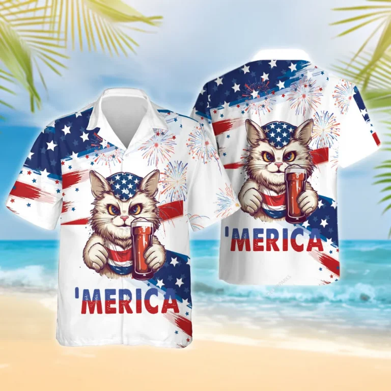 Merica Cat Hawaiian Shirts, American Flag Summer Beach Shirts, Fireworks 4th Of July Button Down Short Sleeve Shirts, Patriotic Cat Aloha Shirts