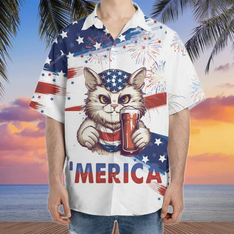 Merica Cat Hawaiian Shirts, American Flag Summer Beach Shirts, Fireworks 4th Of July Button Down Short Sleeve Shirts, Patriotic Cat Aloha Shirts