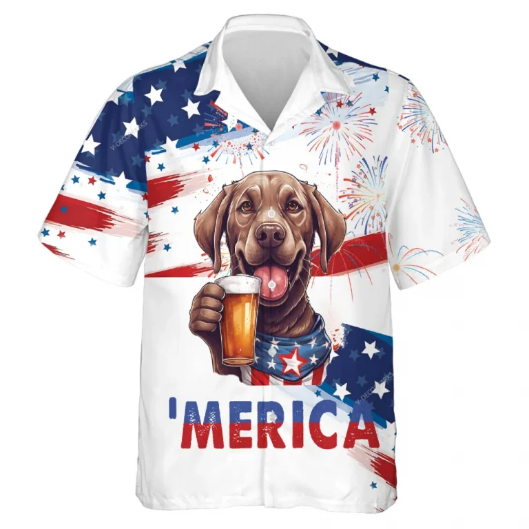 Merica Labrador Hawaiian Shirts, American Flag Summer Beach Shirt, Fireworks 4th Of July Button Down Short Sleeve Shirts, Patriotic Aloha Shirts