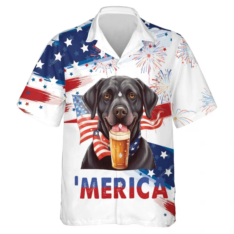 Merica Black Labrador Hawaiian Shirts, American Flag Summer Beach Shirt, Fireworks 4th Of July Button Down Short Sleeve Shirts, Patriotic Aloha Shirts