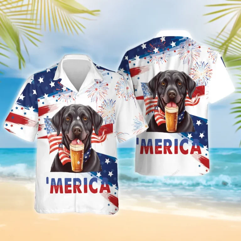 Merica Black Labrador Hawaiian Shirts, American Flag Summer Beach Shirt, Fireworks 4th Of July Button Down Short Sleeve Shirts, Patriotic Aloha Shirts