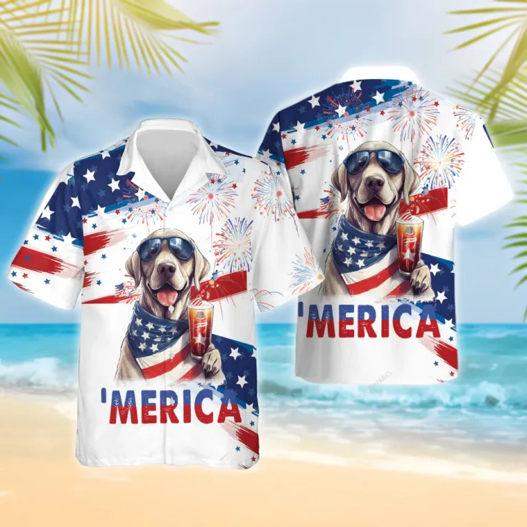 Merica Labrador Beer Hawaiian Shirts, American Flag Summer Beach Shirt, Fireworks 4th Of July Button Down Short Sleeve Shirts, Patriotic Aloha Shirts