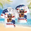 Merica Germand Shepherd Hawaiian Shirt, American Flag Summer Beach Shirt, Fireworks 4th Of July Button Down Short Sleeve Shirts, Patriotic Aloha Shirt