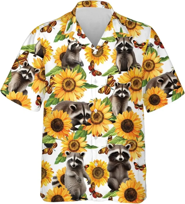 Raccoon Men's Hawaiian Shirts, Tropical Sunflowers Printed Shirt, Funny Raccoon Button Down Mens Hawaiian Shirts Short Sleeve, Gift For Raccoon Lovers