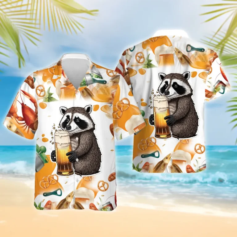 Raccoon Beer Hawaiian Shirt For Men Women, Tropical Flower Summer Beach Shirt, Raccoon Aloha Shirt, Raccoon Lovers Button Down Short Sleeve Shirt