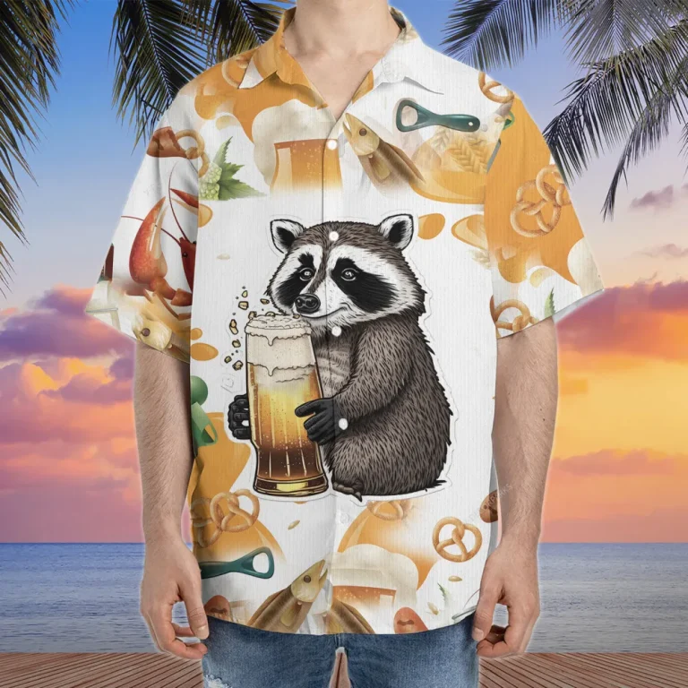 Raccoon Beer Hawaiian Shirt For Men Women, Tropical Flower Summer Beach Shirt, Raccoon Aloha Shirt, Raccoon Lovers Button Down Short Sleeve Shirt