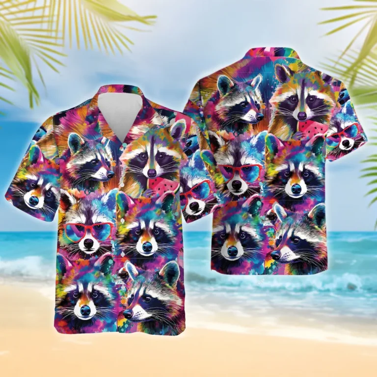 Vibrant Raccoon Hawaiian Shirt For Men Women, Colorful Raccoon Summer Beach Shirt, Raccoon Aloha Shirts, Raccoon Lovers Button Down Short Sleeve Shirt