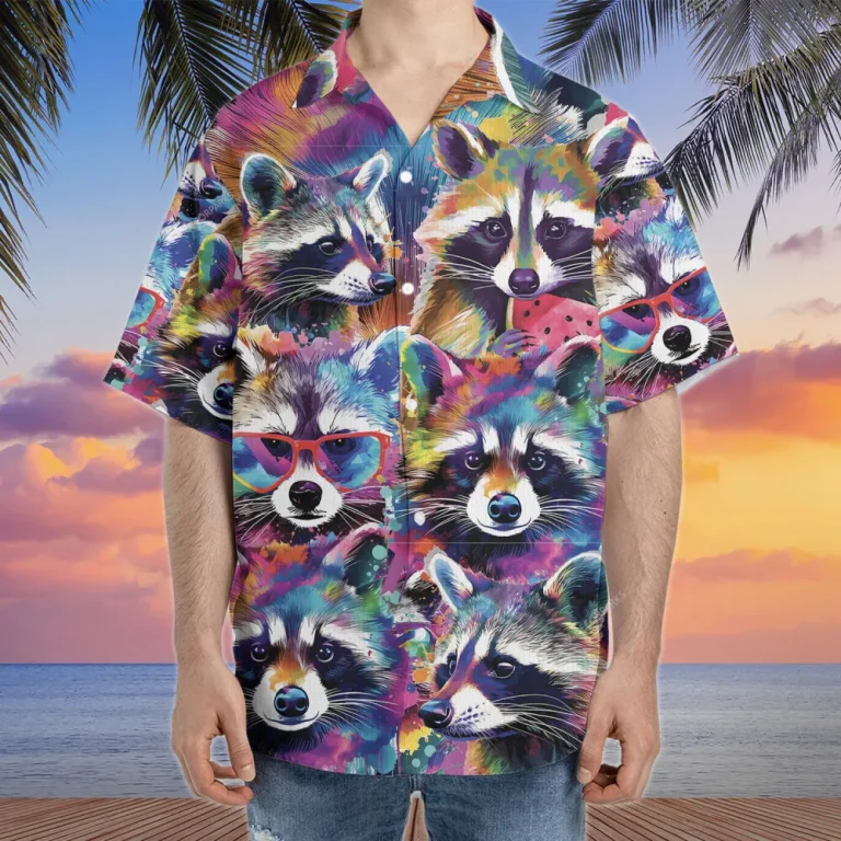 Vibrant Raccoon Hawaiian Shirt For Men Women, Colorful Raccoon Summer Beach Shirt, Raccoon Aloha Shirts, Raccoon Lovers Button Down Short Sleeve Shirt
