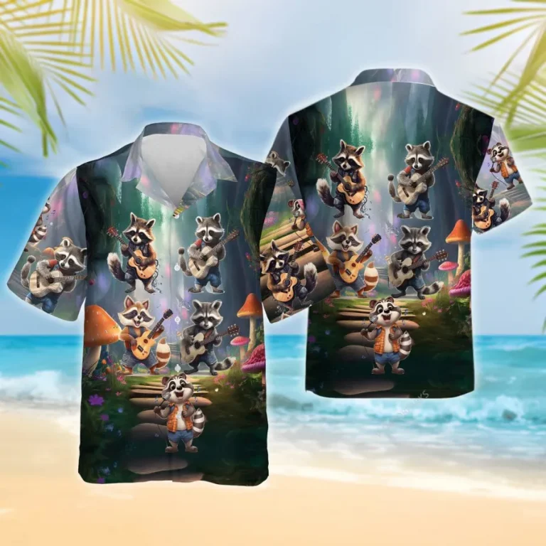 Raccoon Playing Guitar And Singing Hawaiian Shirts, Raccoon Summer Beach Shirt, Raccoon Aloha Shirt, Casual Printed Hawaiian Shirt