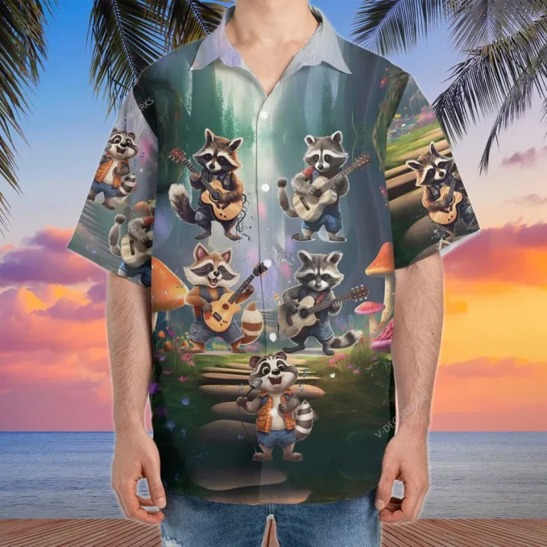 Raccoon Playing Guitar And Singing Hawaiian Shirts, Raccoon Summer Beach Shirt, Raccoon Aloha Shirt, Casual Printed Hawaiian Shirt