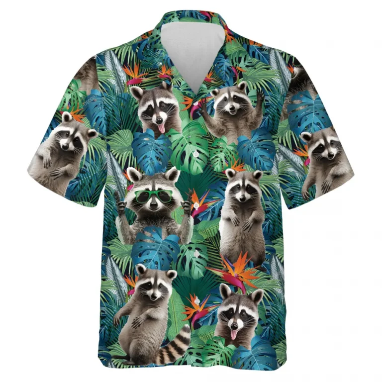 Jungle Raccoon Hawaiian Shirt For Men Women, Tropical Summer Beach Shirts, Funny Raccoon Aloha Shirts, Raccoon Lovers Button Down Short Sleeve Shirts