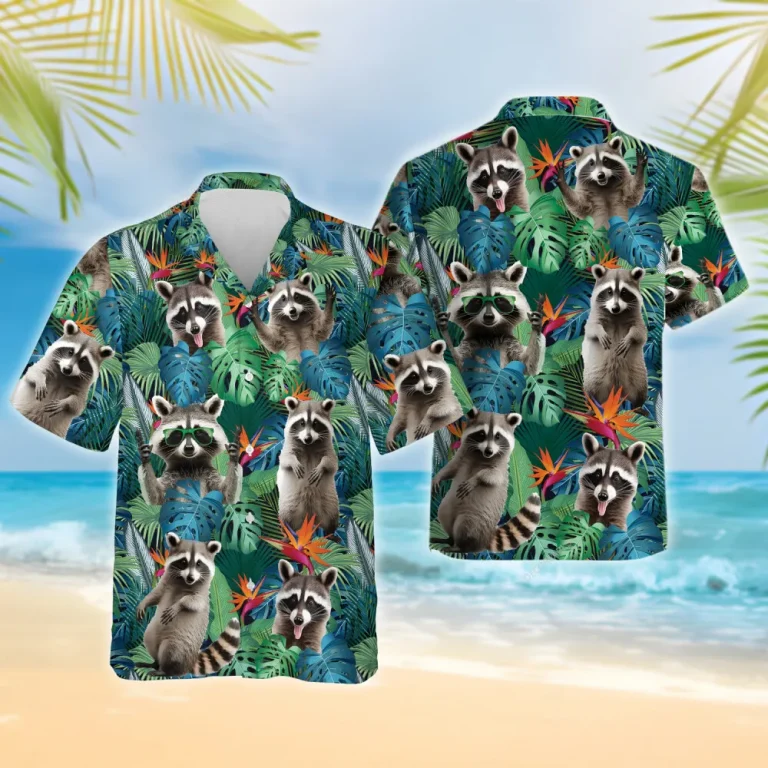 Jungle Raccoon Hawaiian Shirt For Men Women, Tropical Summer Beach Shirts, Funny Raccoon Aloha Shirts, Raccoon Lovers Button Down Short Sleeve Shirts