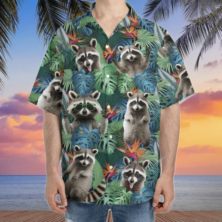 Jungle Raccoon Hawaiian Shirt For Men Women, Tropical Summer Beach Shirts, Funny Raccoon Aloha Shirts, Raccoon Lovers Button Down Short Sleeve Shirts