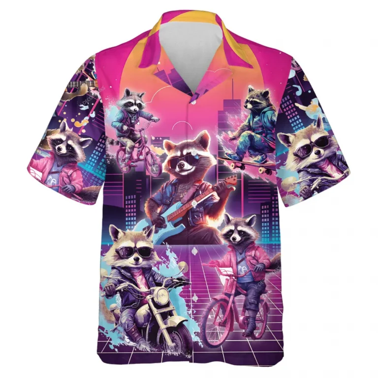 Dynamic Raccoon Hawaiian Shirt For Men Women, Colorful Raccoon Summer Beach Shirt, Raccoon Aloha Shirts, Raccoon Lovers Button Down Short Sleeve Shirt