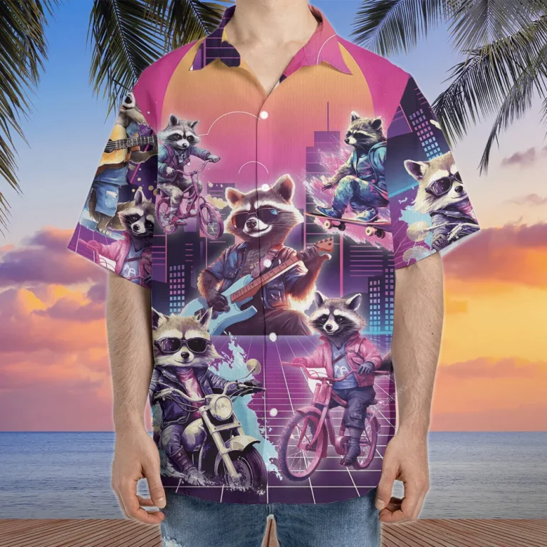 Dynamic Raccoon Hawaiian Shirt For Men Women, Colorful Raccoon Summer Beach Shirt, Raccoon Aloha Shirts, Raccoon Lovers Button Down Short Sleeve Shirt