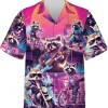 Vibrant Racoon Playing Guitar And Driving Hawaiian Shirts, Raccoon Short Sleeve Summer Beach Shirt, Casual Button Down Hawaiian Shirt