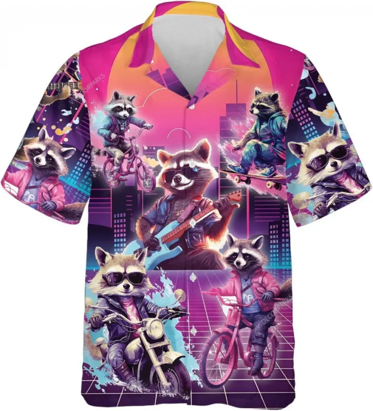 Vibrant Racoon Playing Guitar And Driving Hawaiian Shirts, Raccoon Short Sleeve Summer Beach Shirt, Casual Button Down Hawaiian Shirt