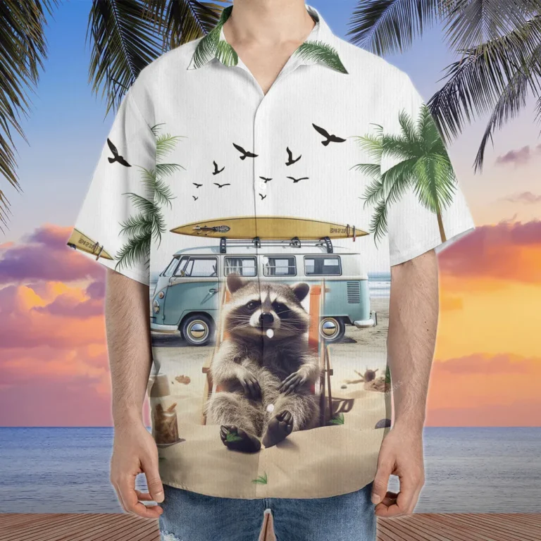Camping Raccoon Hawaiian Shirt For Men Women, Happy Vacation Summer Beach Shirts, Raccoon Aloha Shirts, Raccoon Lovers Button Down Short Sleeve Shirt