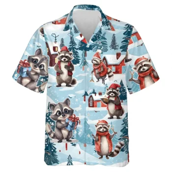 Christmas Raccoon Hawaiian Shirt For Men Women, Snowy Raccoon Summer Beach Shirts, Raccoon Aloha Shirts, Raccoon Lovers Button Down Short Sleeve Shirt