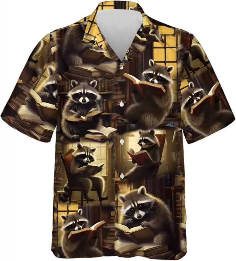 Raccoon Reading Book Men's Hawaiian Shirt, Raccoon Hawaiian Shirt, Library Printed Button Down Mens Hawaiian Shirts Short Sleeve, Gift For Book Lovers