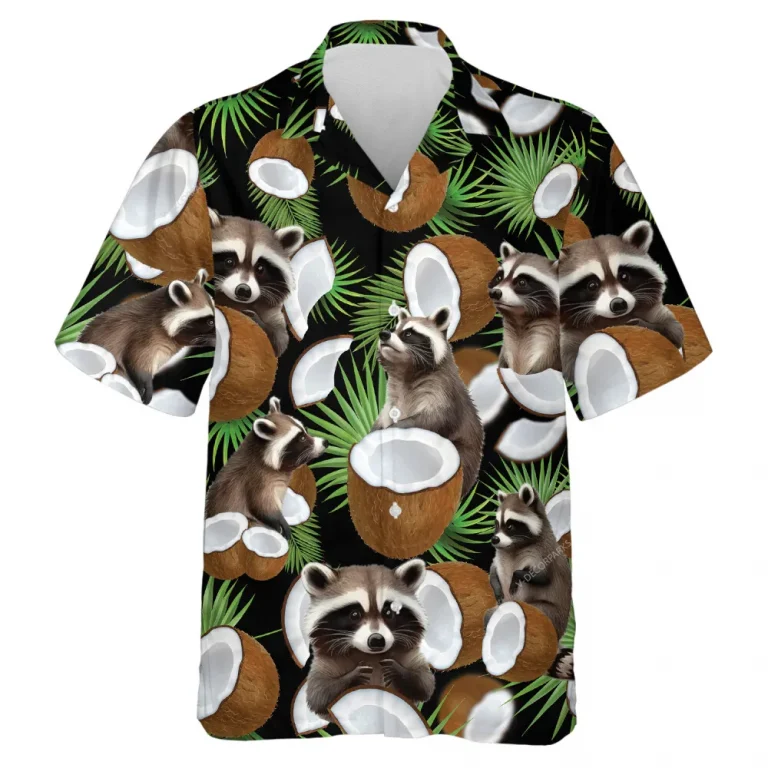 Coconut Raccoon Hawaiian Shirt For Men Women, Tropical Fruits Summer Beach Shirt, Raccoon Aloha Shirts, Raccoon Lovers Button Down Short Sleeve Shirt