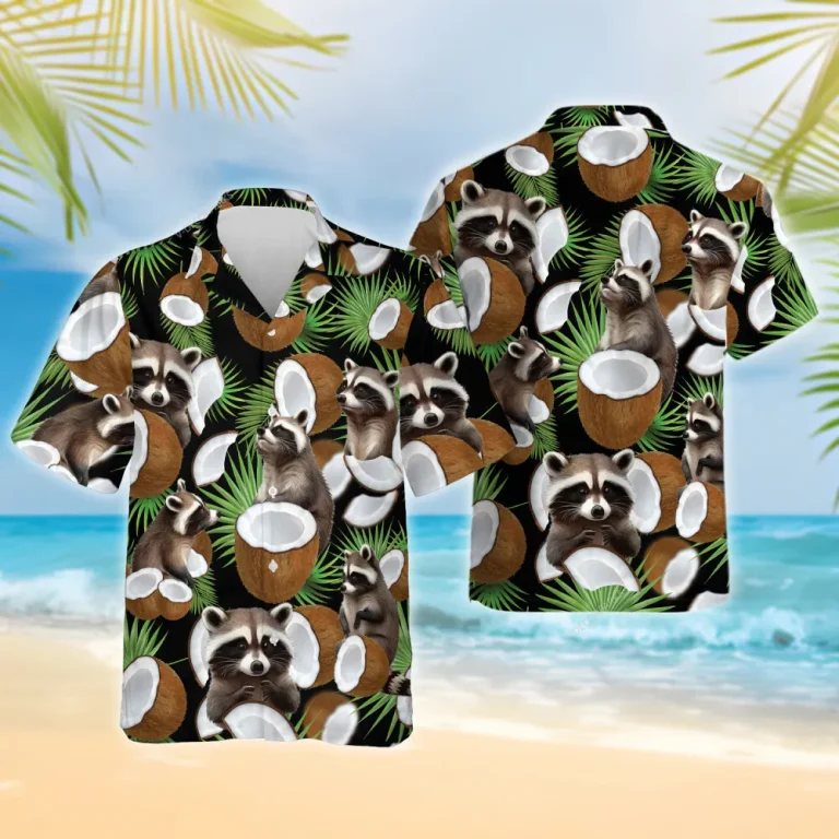 Coconut Raccoon Hawaiian Shirt For Men Women, Tropical Fruits Summer Beach Shirt, Raccoon Aloha Shirts, Raccoon Lovers Button Down Short Sleeve Shirt