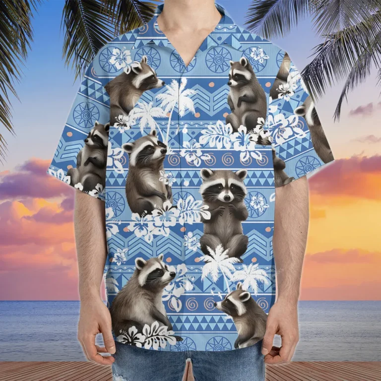Cute Raccoon Hawaiian Shirt For Men Women, Tropical Pattern Summer Beach Shirt, Raccoon Aloha Shirts, Raccoon Lovers Button Down Short Sleeve Shirt