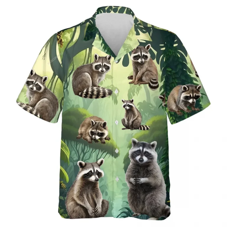 Raccoon Hawaiian Shirt For Men Women, Tropical Forest Summer Beach Shirts, 3d Raccoon Aloha Shirts, Raccoon Lovers Button Down Short Sleeve Shirts