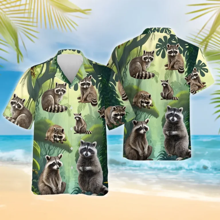 Raccoon Hawaiian Shirt For Men Women, Tropical Forest Summer Beach Shirts, 3d Raccoon Aloha Shirts, Raccoon Lovers Button Down Short Sleeve Shirts