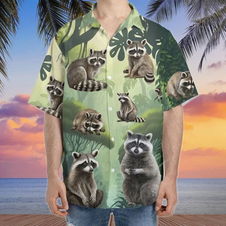 Raccoon Hawaiian Shirt For Men Women, Tropical Forest Summer Beach Shirts, 3d Raccoon Aloha Shirts, Raccoon Lovers Button Down Short Sleeve Shirts