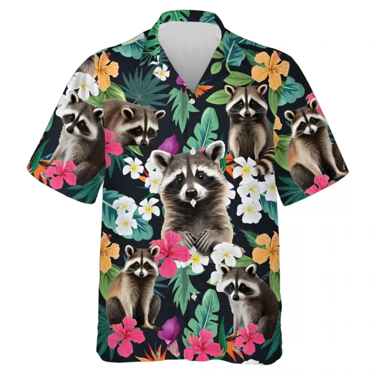 Raccoon Hawaiian Shirt For Men Women, Tropical Floral Summer Beach Shirts, 3d Raccoon Aloha Shirts, Raccoon Lovers Button Down Short Sleeve Shirt