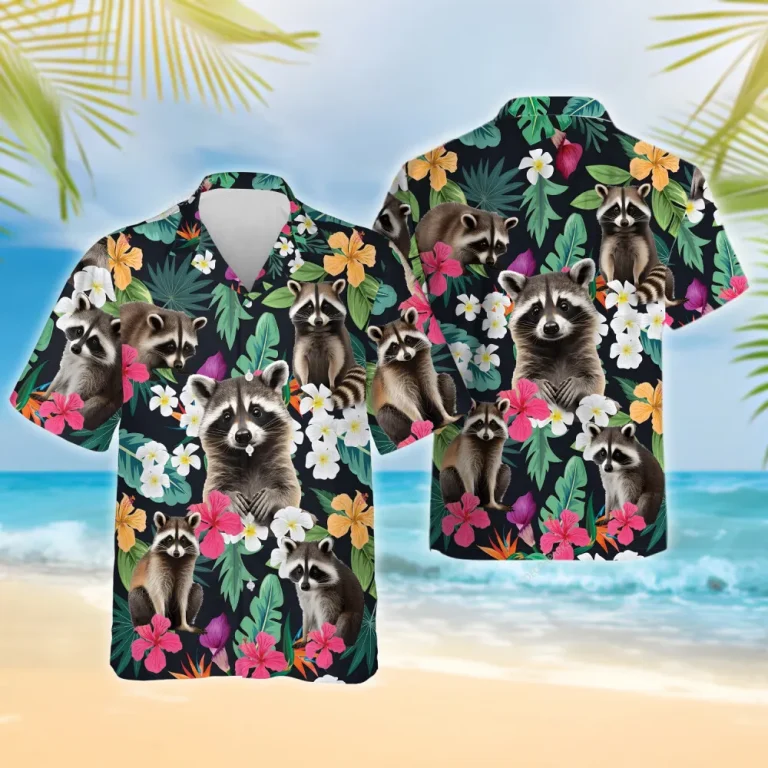 Raccoon Hawaiian Shirt For Men Women, Tropical Floral Summer Beach Shirts, 3d Raccoon Aloha Shirts, Raccoon Lovers Button Down Short Sleeve Shirt