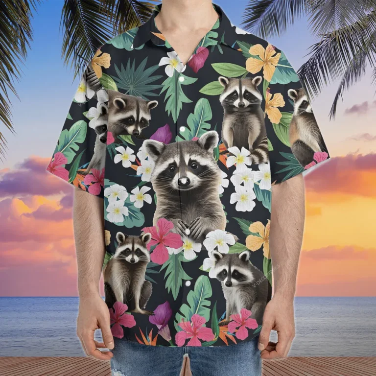 Raccoon Hawaiian Shirt For Men Women, Tropical Floral Summer Beach Shirts, 3d Raccoon Aloha Shirts, Raccoon Lovers Button Down Short Sleeve Shirt