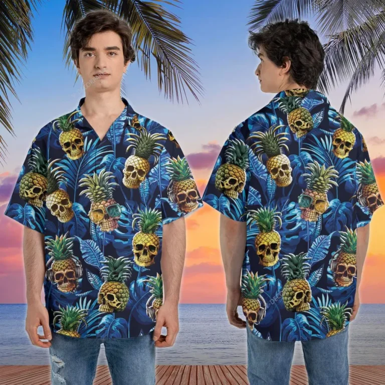 Pineapple Skull Tropical Pattern Hawaiian Shirts For Men Women, Tropical Beach Shirt, Casual Printed Beach Summer Shirt, Button Down Hawaiian Shirt