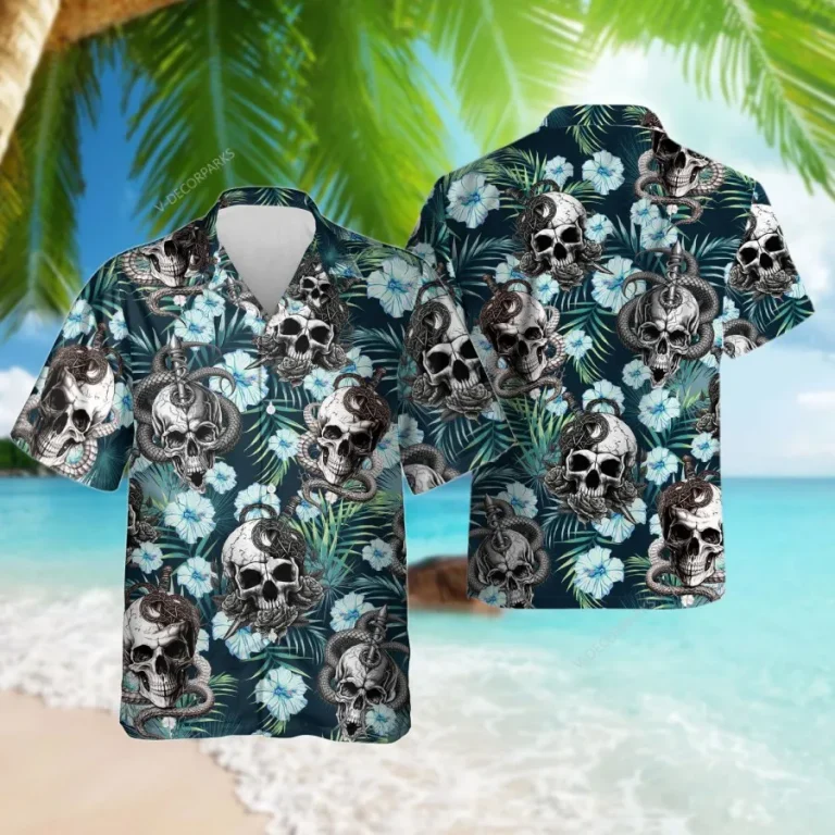 Skull And Snake Tropical Pattern Hawaiian Shirt For Men Women, Skull Tropical Beach Shirt, Hawaiian Casual Button Down Shirt, Summer Aloha Beach Shirt