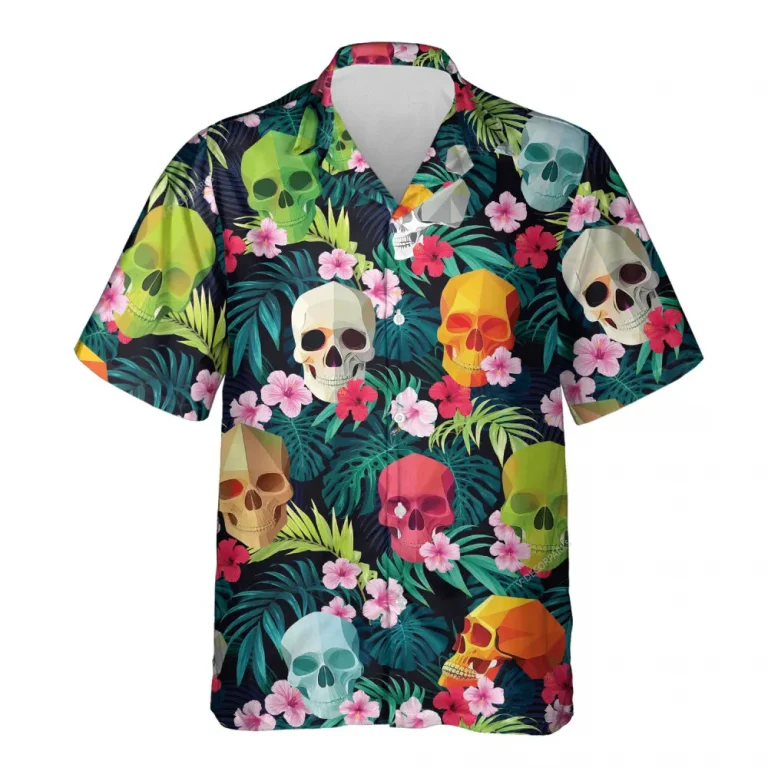 Festive Skull Hawaiian Shirts, Tropical Hibiscus Summer Beach Shirts, Colorful Aloha Shirt, Skull Printed Button Down Short Sleeve Hawaiian Shirts
