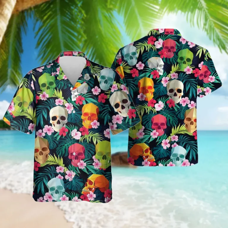 Festive Skull Hawaiian Shirts, Tropical Hibiscus Summer Beach Shirts, Colorful Aloha Shirt, Skull Printed Button Down Short Sleeve Hawaiian Shirts