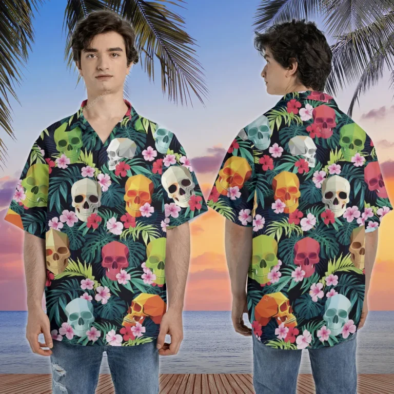 Festive Skull Hawaiian Shirts, Tropical Hibiscus Summer Beach Shirts, Colorful Aloha Shirt, Skull Printed Button Down Short Sleeve Hawaiian Shirts