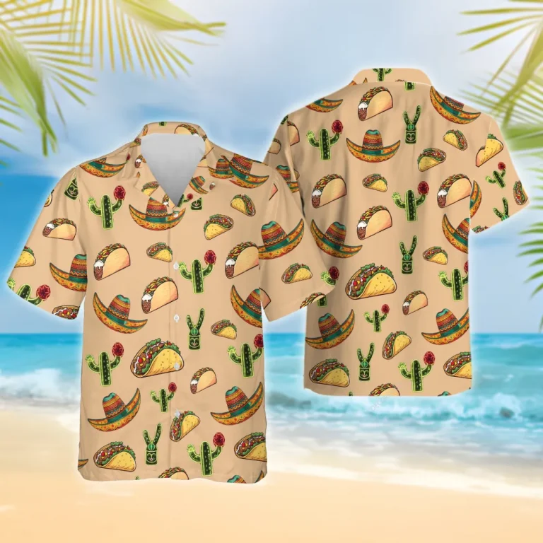 Taco Cactus Hawaiian Shirts, Mexican Culture Summer Beach Shirt, Mexican Sombrero Aloha Shirts, Cino De Mayo Button Down Short Sleeve Hawaiian Shirts