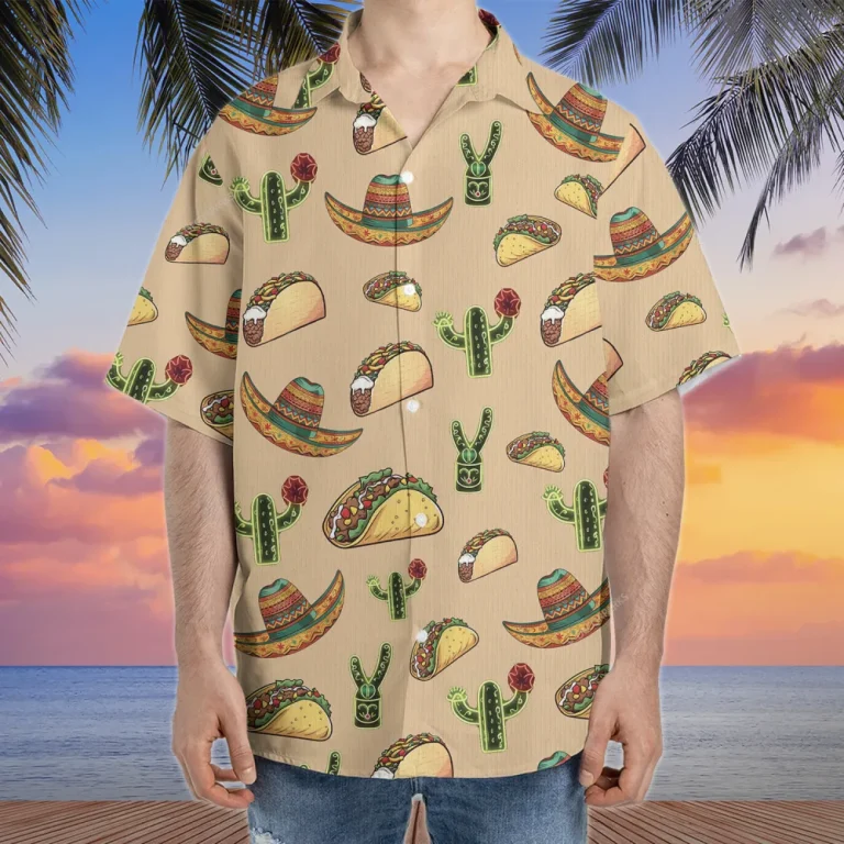 Taco Cactus Hawaiian Shirts, Mexican Culture Summer Beach Shirt, Mexican Sombrero Aloha Shirts, Cino De Mayo Button Down Short Sleeve Hawaiian Shirts
