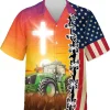 Jesus & Tractor American Hawaiian Shirts For Men Women, Farm Tractor Button Down Mens Hawaiian Shirts Short Sleeve, Casual Printed Beach Shirt