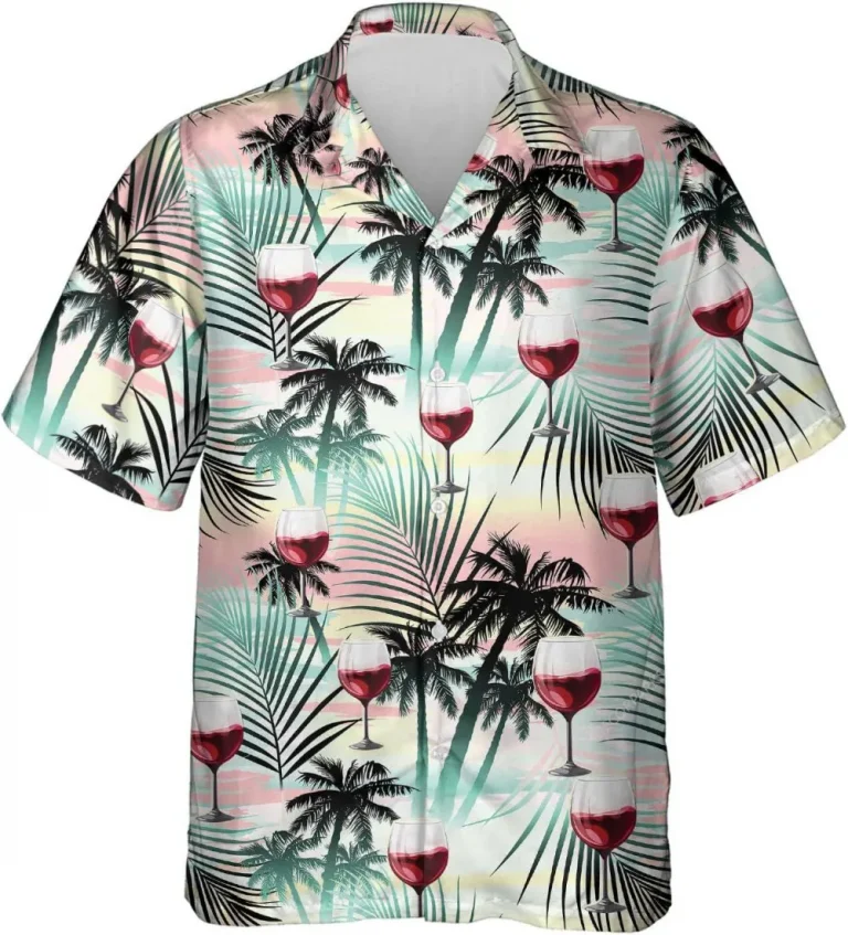 Red Wine And Plam Tree Island Hawaiian Shirts, Tropical Summer Beach Aloha Button Down Short Sleeve Mens Hawaiian, Summer Aloha Shirt, Beach Shirt